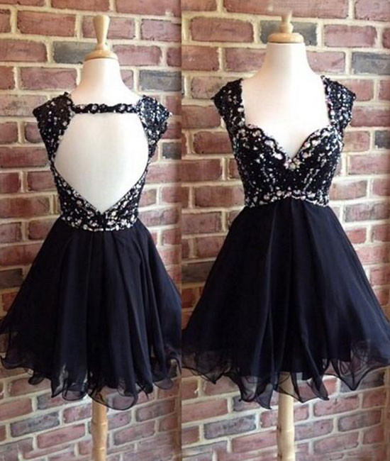 Glamorous A-line V-neck Black Lace Short Homecoming Dress With Beading ...