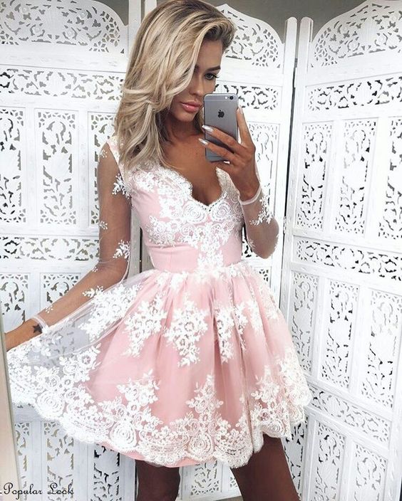 Cute A-line V-neck Long Sleeves Pink Lace Short Homecoming Dress on Luulla