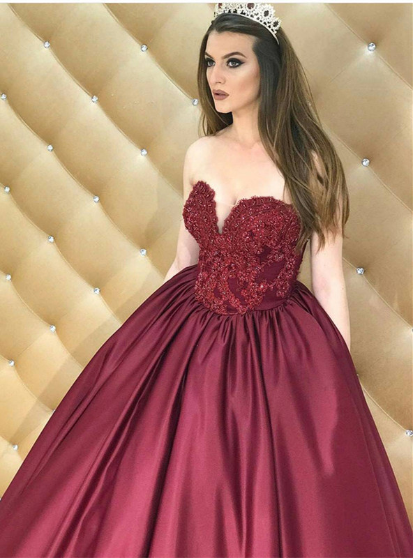 Elegant A-Line Sweetheart Ball Gown Burgundy Satin Long Prom/Evening ...