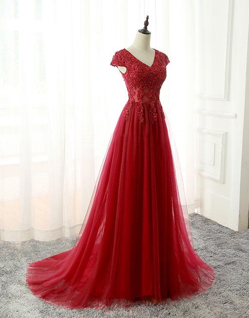 A Line V Neck Burgundy Tulle Prom Dress with Slit LBQ2435