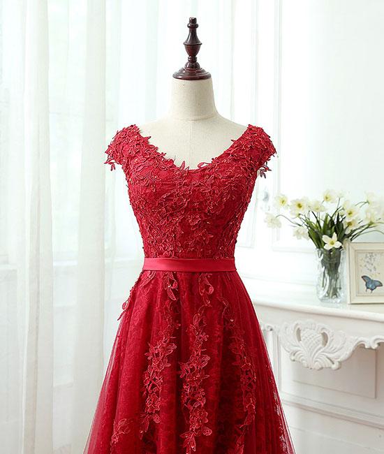 Gorgeous A-Line V-Neck Cap Sleeves Red Tulle Long Prom/Evening Dress ...