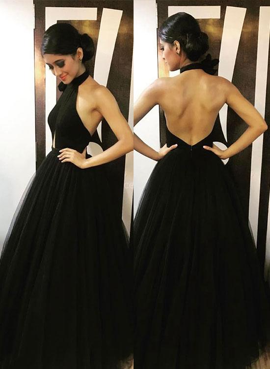 A Line Halter Black Backless Tulle Prom Dress LBQ2805