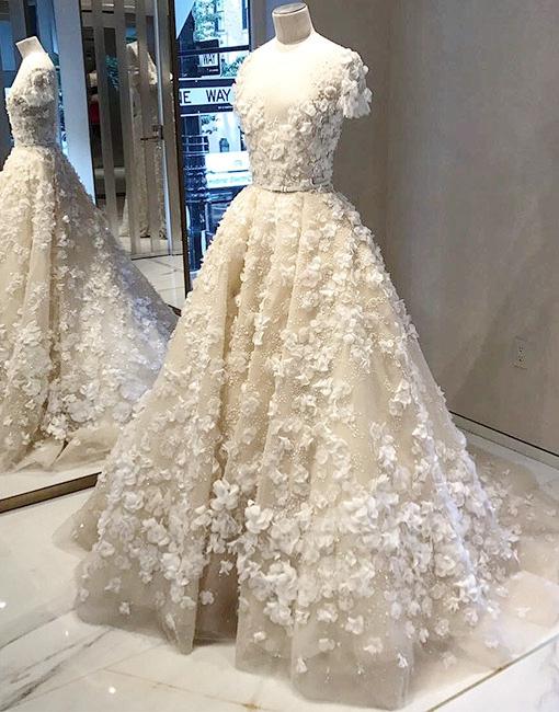 Designer Flowers V-neck A-line Prom Dresses With Sleeves Ankle Length Dress