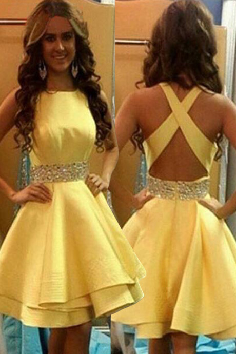 Straps Yellow Satin Cutouts A-line Short Dress main image 1