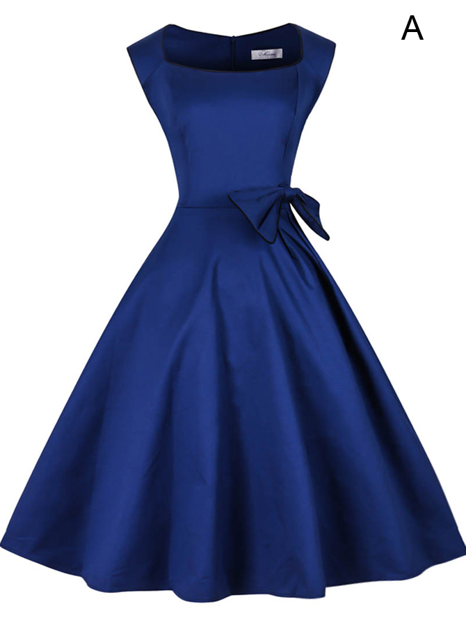 Royal Blue Bateau Solid 50s Vintage Dress With Bowknot on Luulla