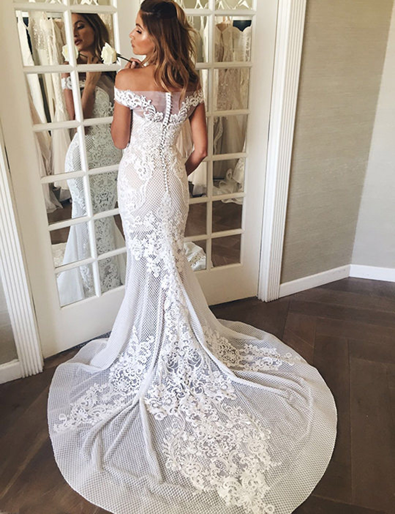 Mermaid Off The Shoulder Lace Prom Dresses Sweep Train LBQ0332