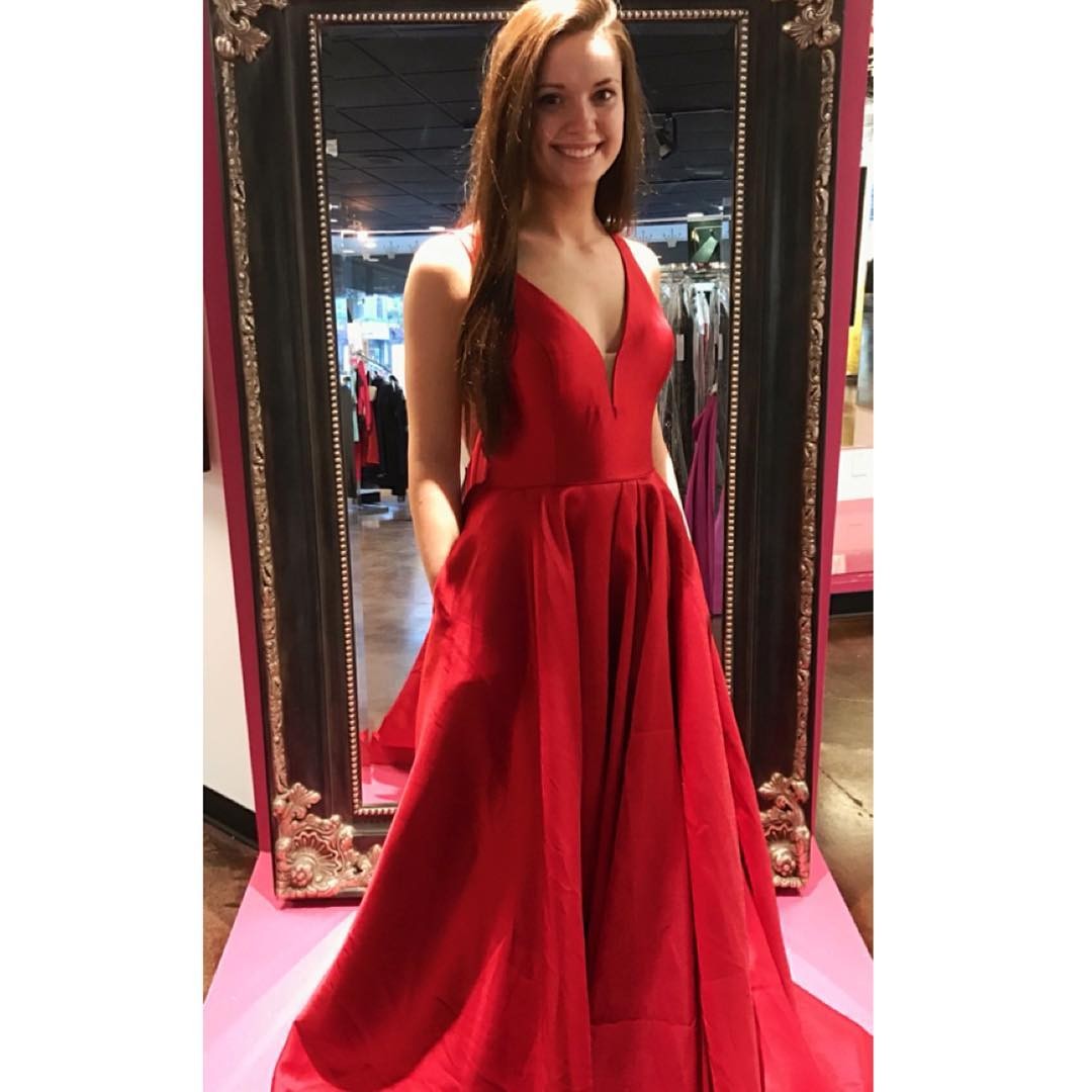 Satin A Line Red Deep V Neck Prom Dress