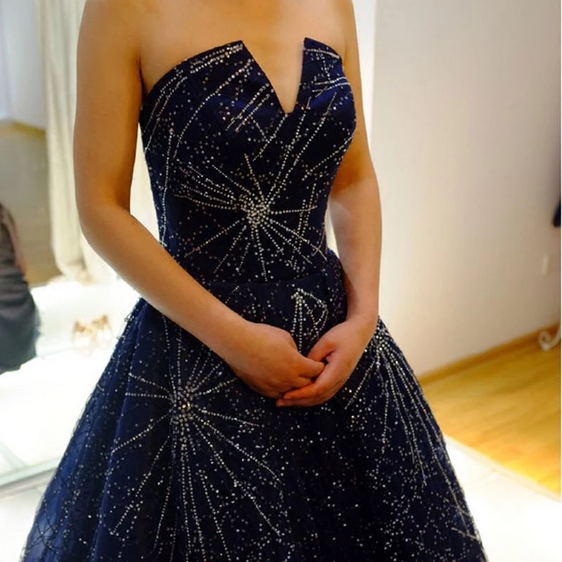navy blue strapless evening gown
