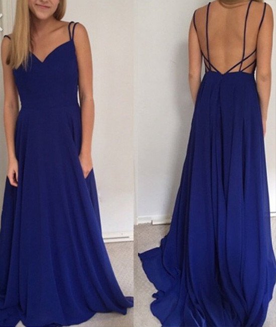 Simple A-Line Spaghetti Straps Backless Royal Blue Long Prom Dress on ...